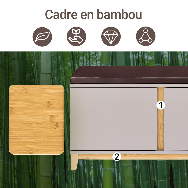 SoBuy FSR117-KA Banc à Chaussures avec Coussin Amovible – 2 Portes, Étagères Réglables, 4 Compartiments, 150 kg, 104×35×47 cm, Kaki