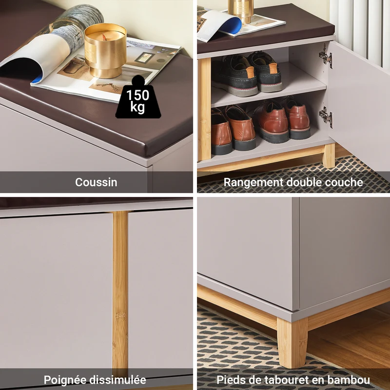 SoBuy FSR117-KA Banc à Chaussures avec Coussin Amovible – 2 Portes, Étagères Réglables, 4 Compartiments, 150 kg, 104×35×47 cm, Kaki