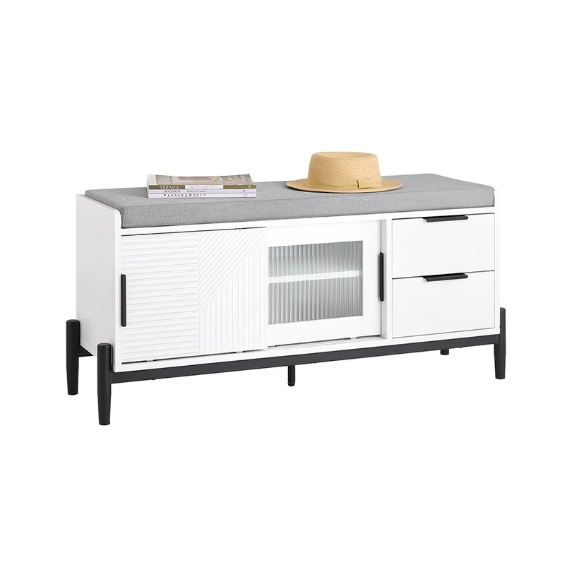 SoBuy FSR187-W Banc à Chaussures avec Coussin Rembourré, 2 Portes Coulissantes et 2 Tiroirs, pour Entrée et Couloir, Compact – L110×P35×H51 cm, Métal, Blanc