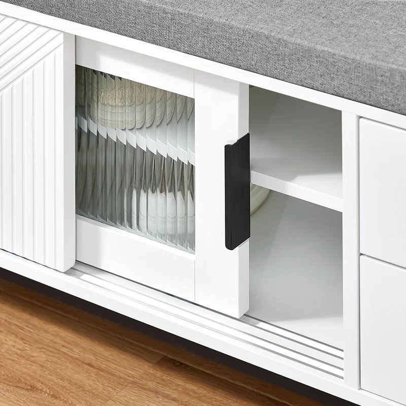 SoBuy FSR187-W Banc à Chaussures avec Coussin Rembourré, 2 Portes Coulissantes et 2 Tiroirs, pour Entrée et Couloir, Compact – L110×P35×H51 cm, Métal, Blanc