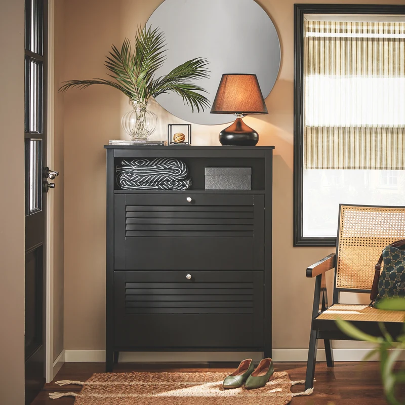 SoBuy FSR152-SCH Meuble à Chaussures à Abattants 2 Niveaux – Rangement Discret pour Entrée – 80x25x108 cm Noir