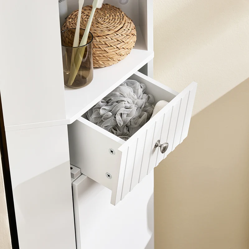 SoBuy BZR193-W Meuble de Rangement d'angle Salle de Bain, Armoire de Rangement Placard de Rangement Étroite, 1 Tiroir, 1 Compartiment Ouvert et 2 Portes
