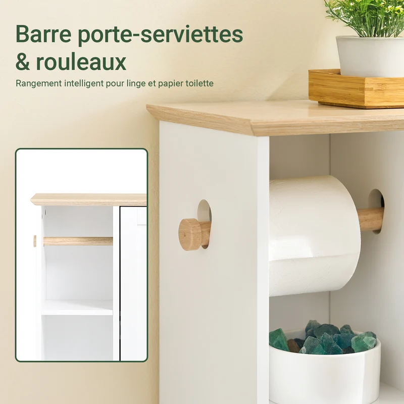 SoBuy BZR189-W Meuble de Rangement Salle de Bain Armoire Porte-Papier Toilette Porte Brosse WC avec 1 Porte
