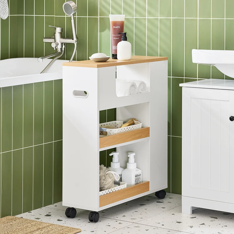 SoBuy BZR190-WN Support Papier Toilette Armoire Porte-Papier Toilette Porte Brosse WC Meuble de Salle de Bain sur roulettes