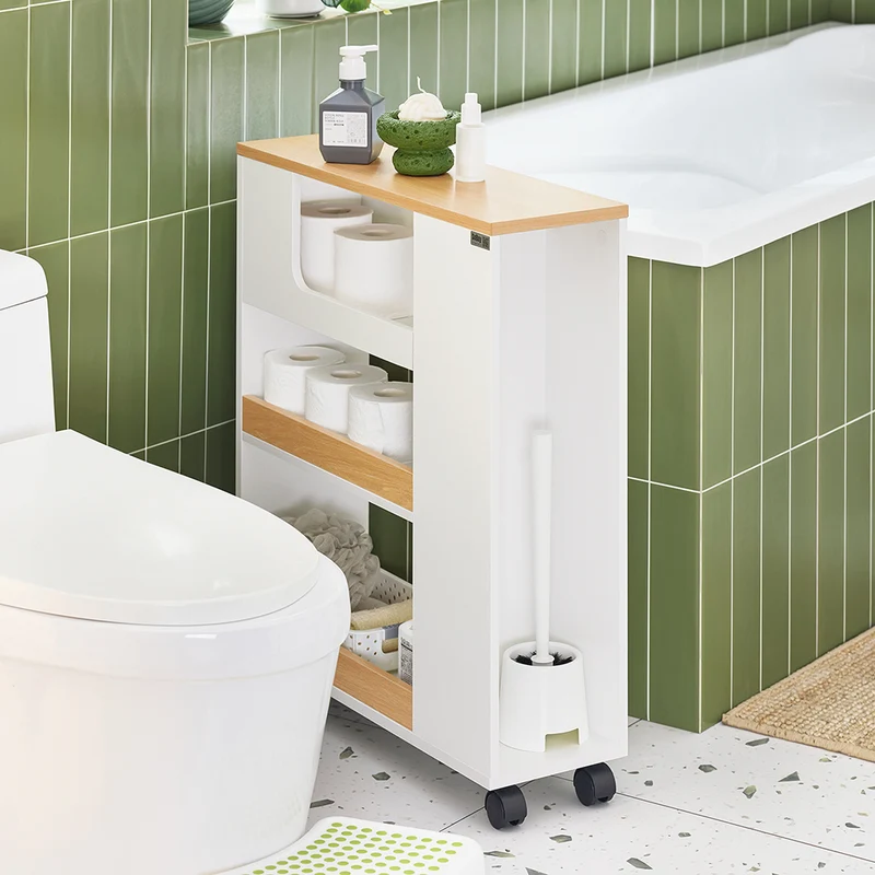 SoBuy BZR190-WN Support Papier Toilette Armoire Porte-Papier Toilette Porte Brosse WC Meuble de Salle de Bain sur roulettes