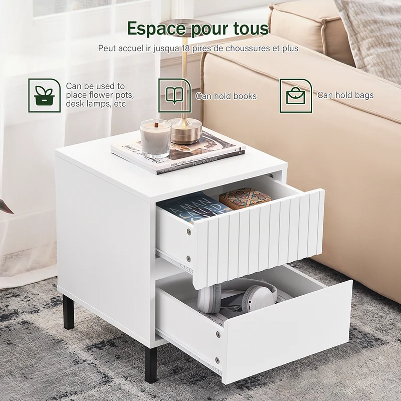 SoBuy FBT157-W Bout de Canapé Table de Chevet Table de Nuit Table d'Appoint Table Basse avec 2 Tiroirs pour Salon, Chambre ou Bureau, Pieds en Métal, L40 x P40 x H48 cm, Blanc