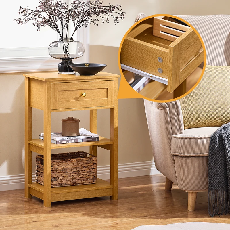 SoBuy FBT46-N Table de Chevet avec 1 Tiroir & 2 Étagères, Table d'appoint Moderne, Nature, L45 x P30 x H68cm