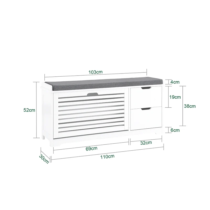 SoBuy FSR185-W Banc de Rangement, Meuble d'Entrée, Commode à Chaussure, Banquette avec Coussin Rembourré 1 Abattant et 2 Tiroir