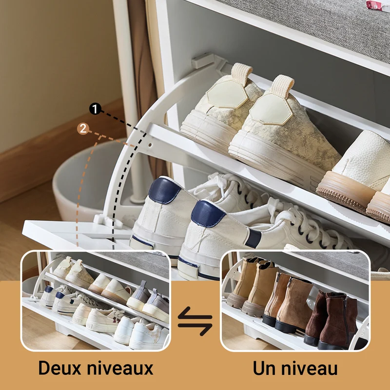 SoBuy FSR185-W Banc de Rangement, Meuble d'Entrée, Commode à Chaussure, Banquette avec Coussin Rembourré 1 Abattant et 2 Tiroir
