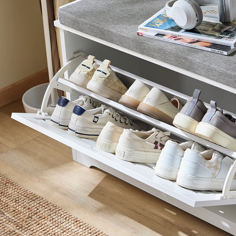 SoBuy FSR185-W Banc de Rangement, Meuble d'Entrée, Commode à Chaussure, Banquette avec Coussin Rembourré 1 Abattant et 2 Tiroir
