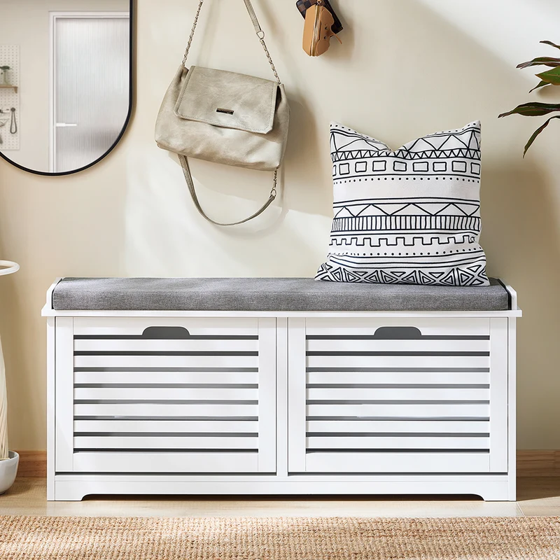 SoBuy FSR184-W Banc à Chaussures avec 2 Abattants et Coussin, pour Entrée et Couloir, Rangement Optimisé, Design Fonctionnel, Compact – L110×P29×H49 cm, Blanc