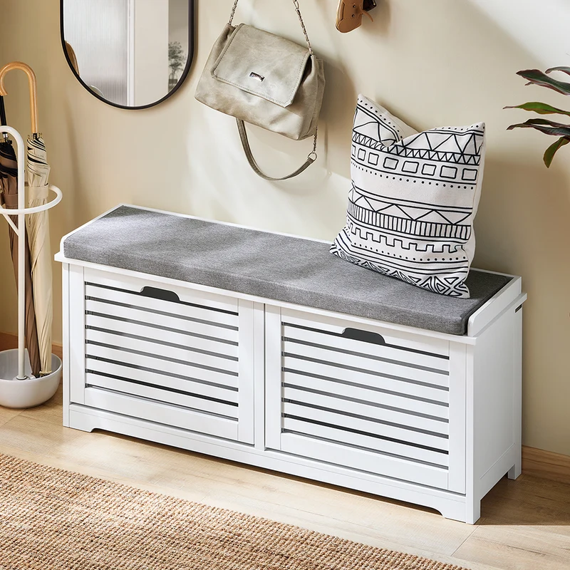 SoBuy FSR184-W Banc à Chaussures avec 2 Abattants et Coussin, pour Entrée et Couloir, Rangement Optimisé, Design Fonctionnel, Compact – L110×P29×H49 cm, Blanc