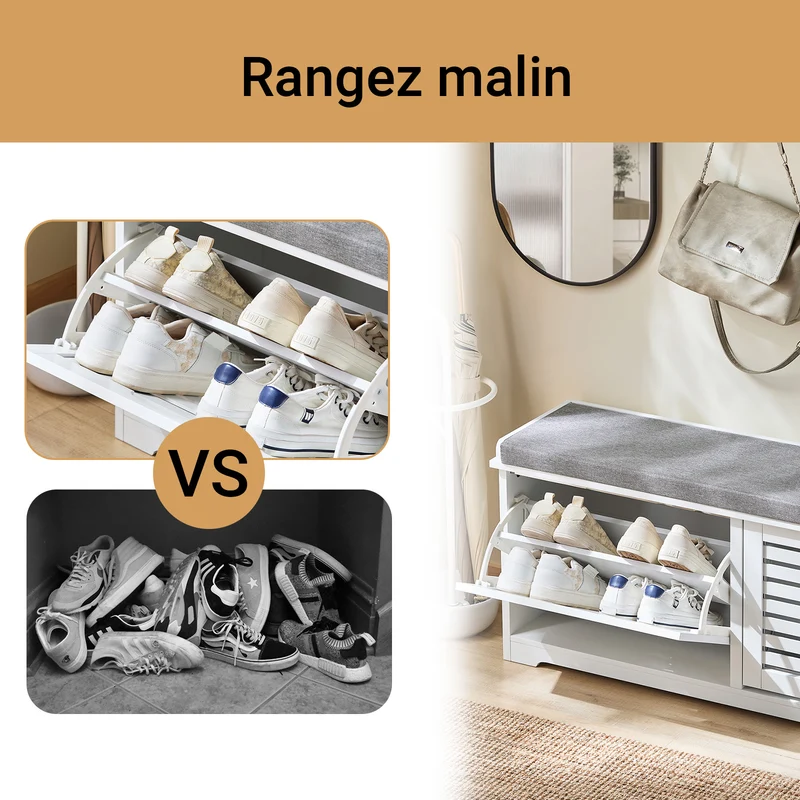 SoBuy FSR184-W Banc à Chaussures avec 2 Abattants et Coussin, pour Entrée et Couloir, Rangement Optimisé, Design Fonctionnel, Compact – L110×P29×H49 cm, Blanc