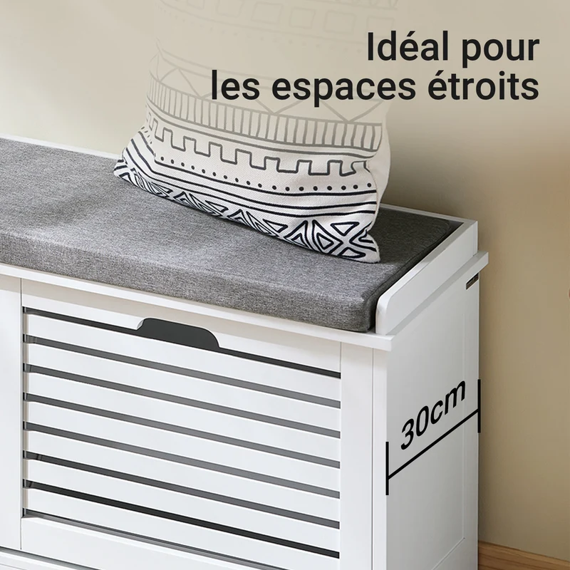 SoBuy FSR184-W Banc à Chaussures avec 2 Abattants et Coussin, pour Entrée et Couloir, Rangement Optimisé, Design Fonctionnel, Compact – L110×P29×H49 cm, Blanc