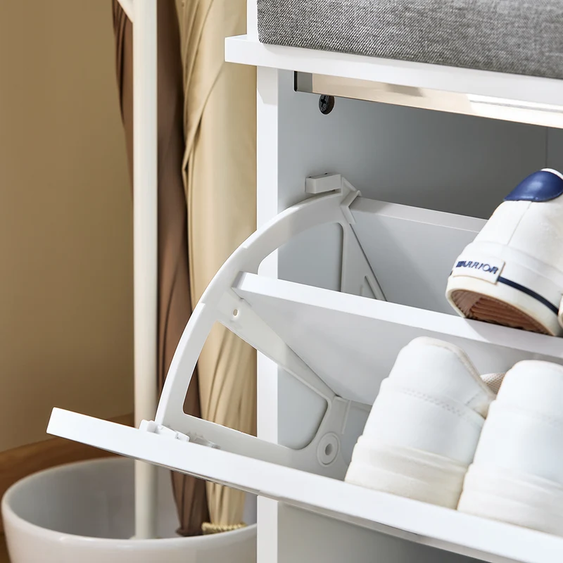 SoBuy FSR184-W Banc à Chaussures avec 2 Abattants et Coussin, pour Entrée et Couloir, Rangement Optimisé, Design Fonctionnel, Compact – L110×P29×H49 cm, Blanc