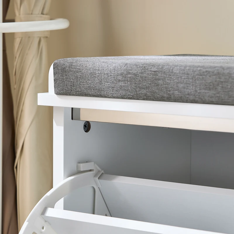 SoBuy FSR184-W Banc à Chaussures avec 2 Abattants et Coussin, pour Entrée et Couloir, Rangement Optimisé, Design Fonctionnel, Compact – L110×P29×H49 cm, Blanc
