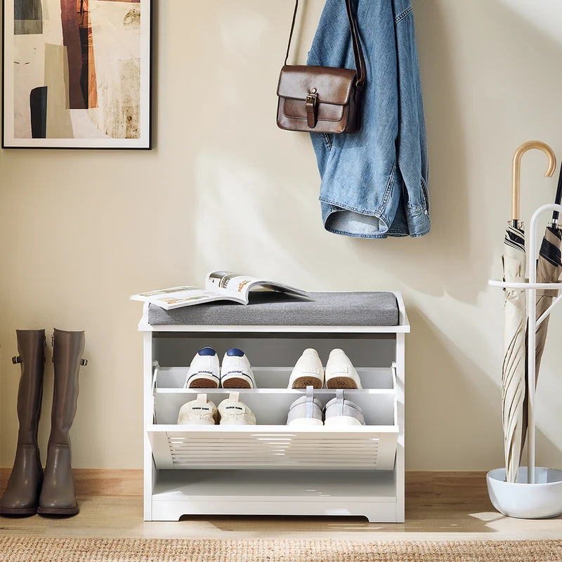 SoBuy FSR184-K-W Banc Chaussures, Rangement pour Chaussures, Armoire à Chaussures, Meuble d'entrée, Coffre avec 1 Abattant et 1 Coussin
