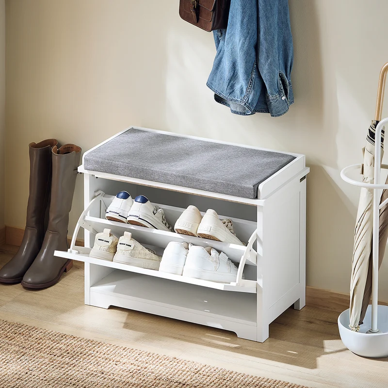 SoBuy FSR184-K-W Banc Chaussures, Rangement pour Chaussures, Armoire à Chaussures, Meuble d'entrée, Coffre avec 1 Abattant et 1 Coussin