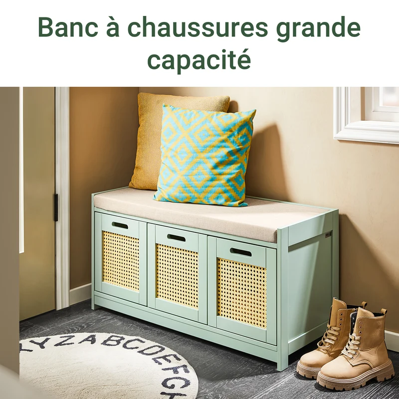 SoBuy FSR182-GR Banc à Chaussures Entrée – Rangement Chaussures avec Coussin Confortable, 2 Portes et Tiroir, Banc d’Entrée pour Salon Couloir – Vert, 90x35x45 cm