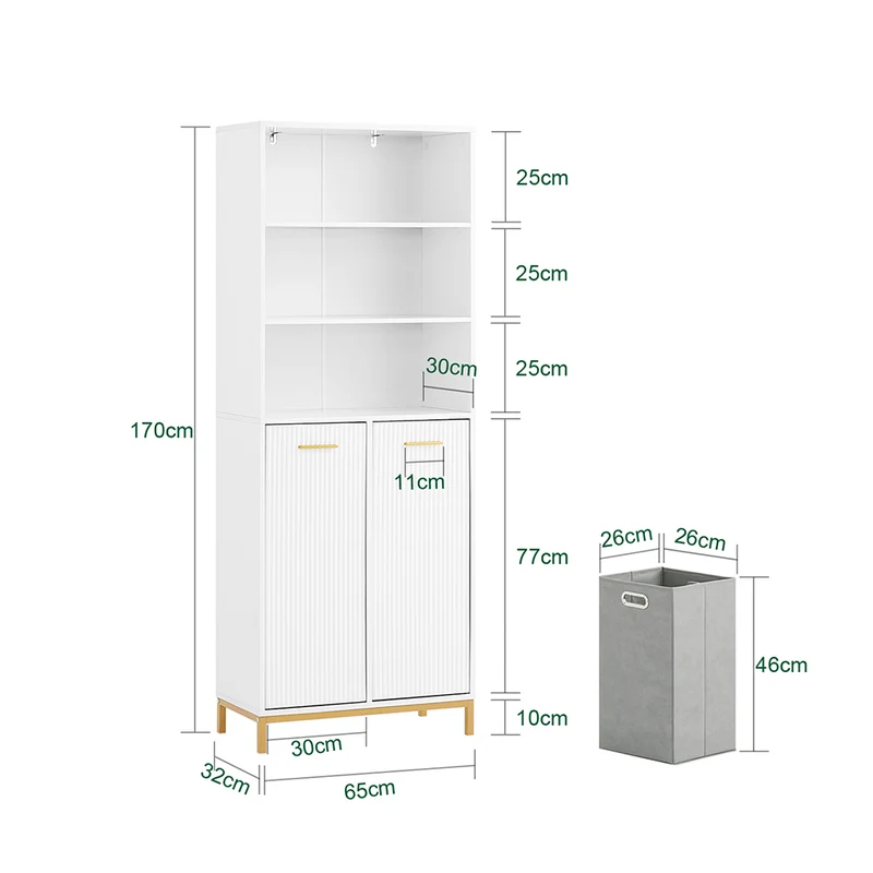 SoBuy BZR182-W Colonne Salle de Bain avec 2 Portes, 2 Paniers à Linge Amovibles et 3 Compartiments Ouverts, pour Salle de Bain et WC – L65×P32×H170 cm, Blanc