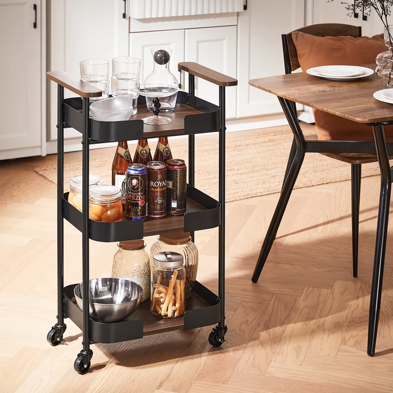 SoBuy SVW23-SCH Chariot de Service à roulettes, Desserte de Cuisine Roulante, Étagère de Cuisine à 3 Niveaux avec Poignées