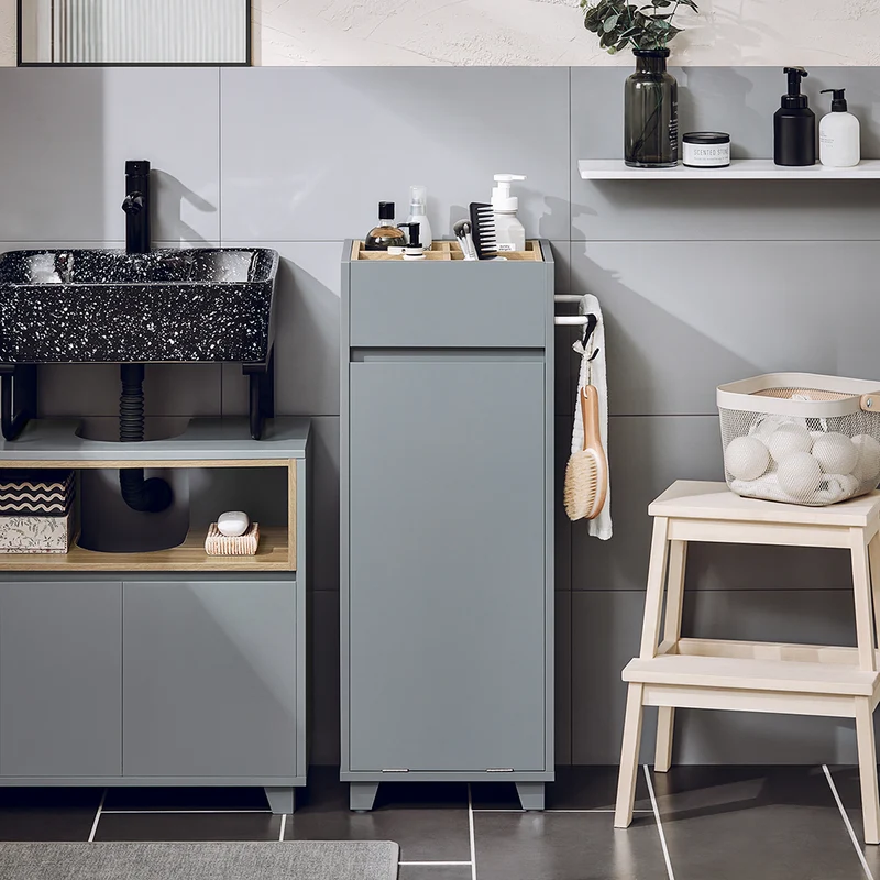 SoBuy BZR159-DG Armoire à Linge Meuble Bas de Salle de Bain Corbeille à Linge Meuble de Rangement