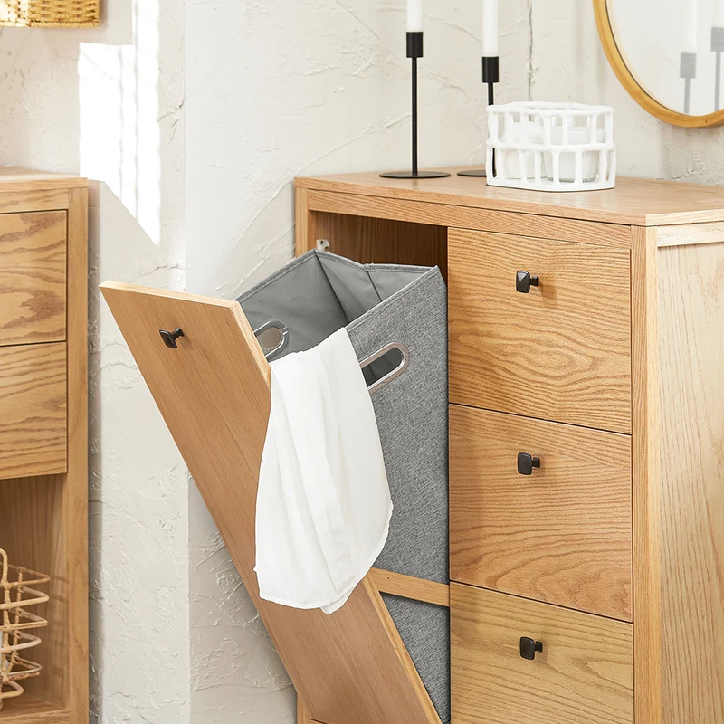 SoBuy BZR97-N Armoire à Linge avec Sac à Linge, Meuble Bas, Commode, Armoire Toilette avec 3 Tiroirs et 1 Panier à Linge