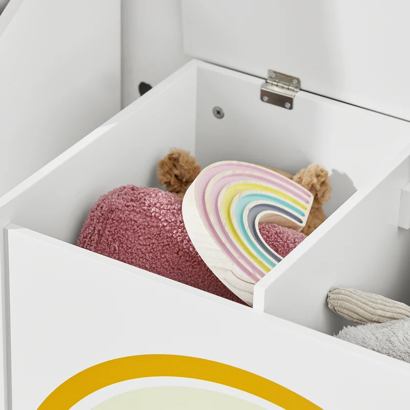 SoBuy KMB70-W Coffre à Jouets pour Enfants, Boîte à Jouets, coffre de Rangement avec Couvercle Rabattable, Motif arc-en-ciel
