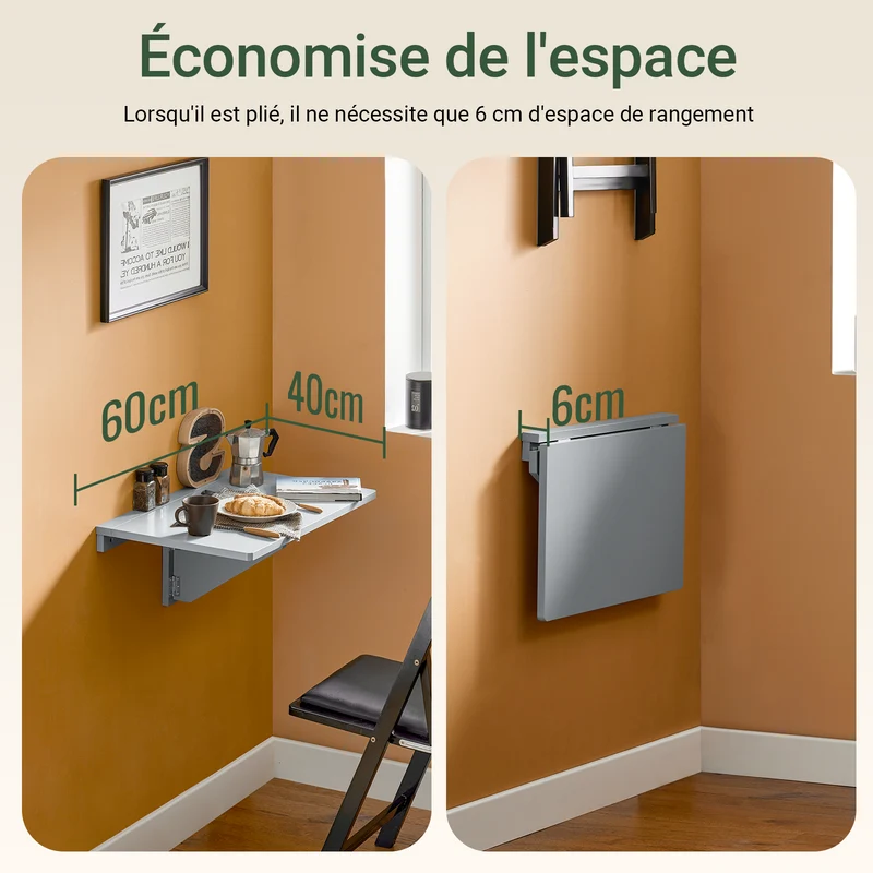 SoBuy FWT03-HG Table Murale Pliante, Table de Cuisine Extensible, Bureau Compact, Design Gain de Place, Idéale pour Petits Espaces, Cuisine, Bureau, Salle à Manger, 60x40cm Gris