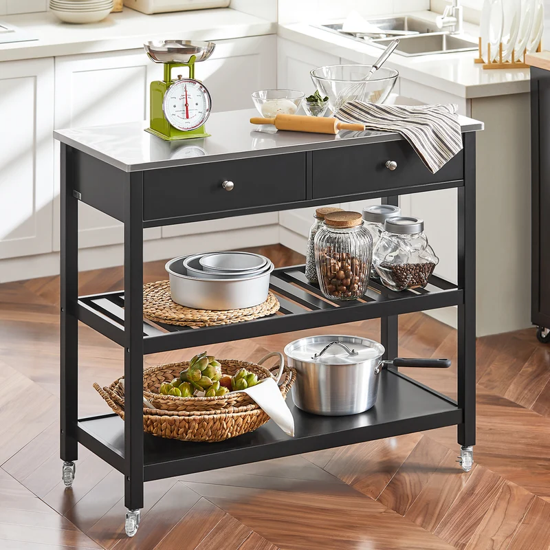SoBuy FKW47-SCH Desserte roulante Chariot de cuisine de 2 étages avec grand plan de travail