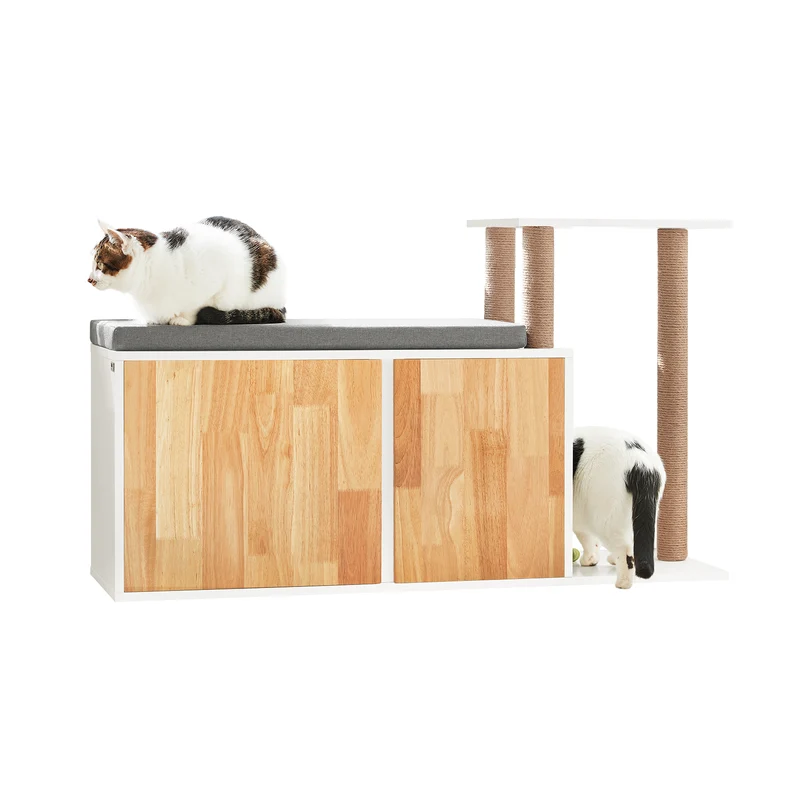 SoBuy FSR135-WN Banc à Litière pour Chat avec Griffoir, Meuble Litière Chat, Maison de Toilette Chat avec Deux Portes et Accès Latéral