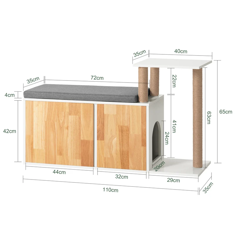 SoBuy FSR135-WN Banc à Litière pour Chat avec Griffoir, Meuble Litière Chat, Maison de Toilette Chat avec Deux Portes et Accès Latéral