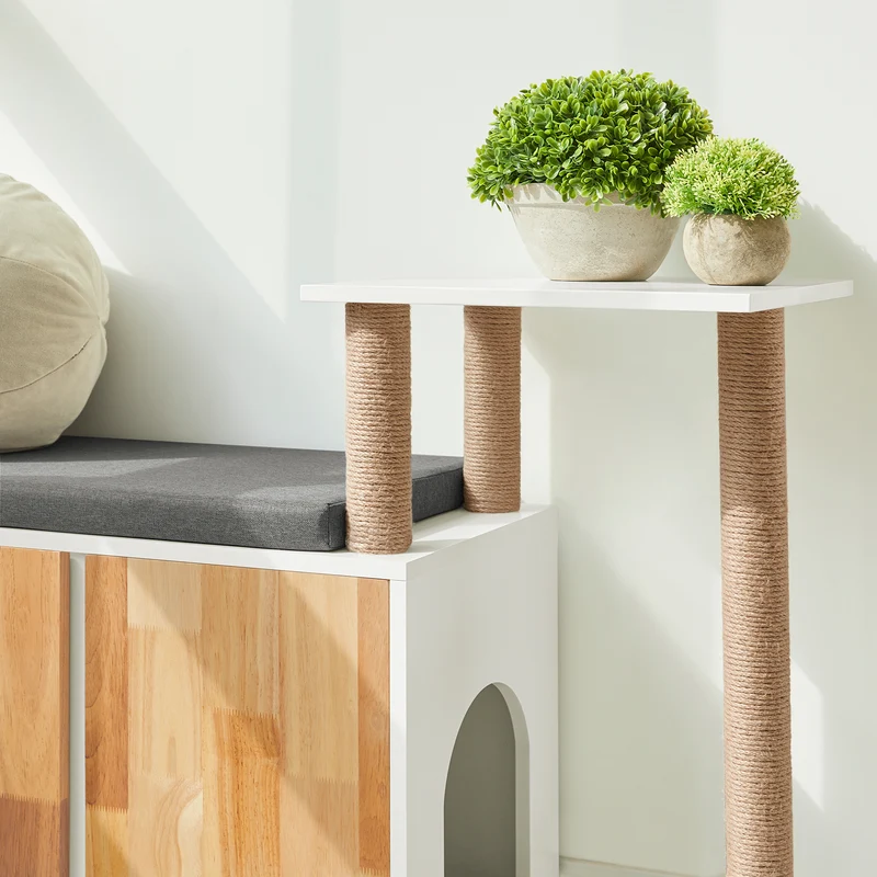 SoBuy FSR135-WN Banc à Litière pour Chat avec Griffoir, Meuble Litière Chat, Maison de Toilette Chat avec Deux Portes et Accès Latéral