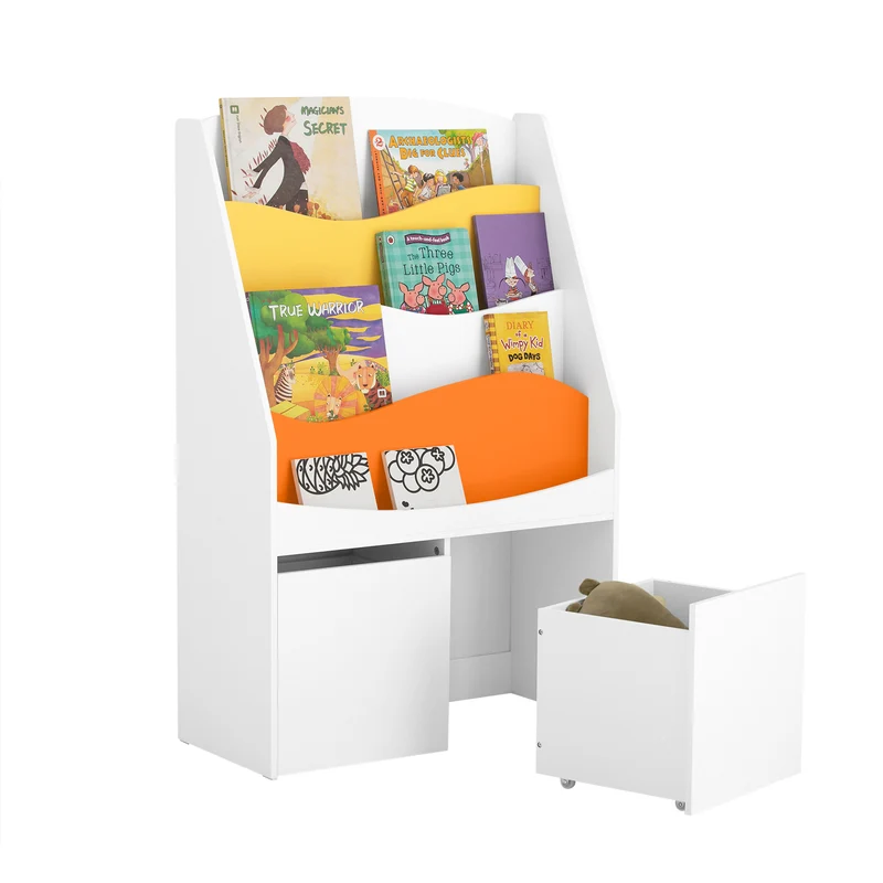 SoBuy KMB65-W Bibliothèque Enfant Étagère à Livres Étagère à Jouets Porte-revues à 4 Niveaux avec 2 Boîtes de Rangement