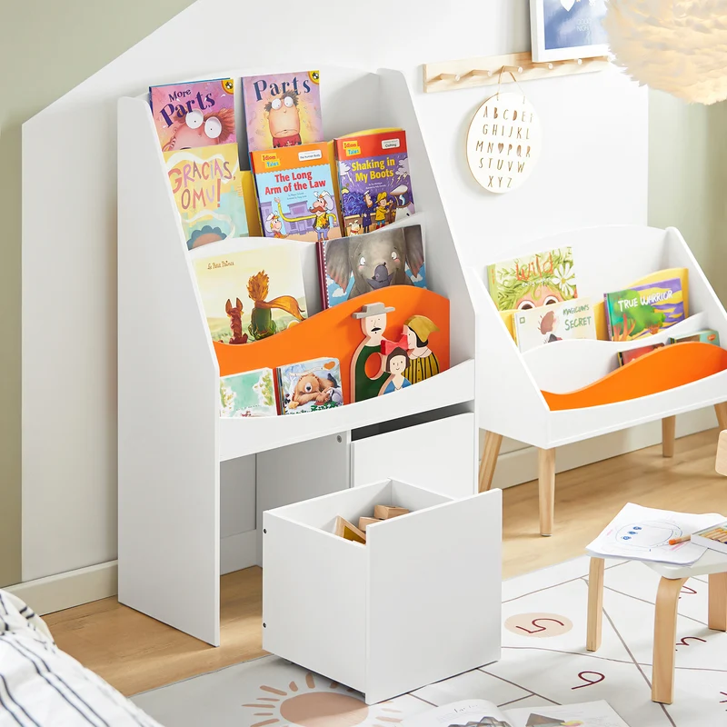 SoBuy KMB65-W Bibliothèque Enfant Étagère à Livres Étagère à Jouets Porte-revues à 4 Niveaux avec 2 Boîtes de Rangement