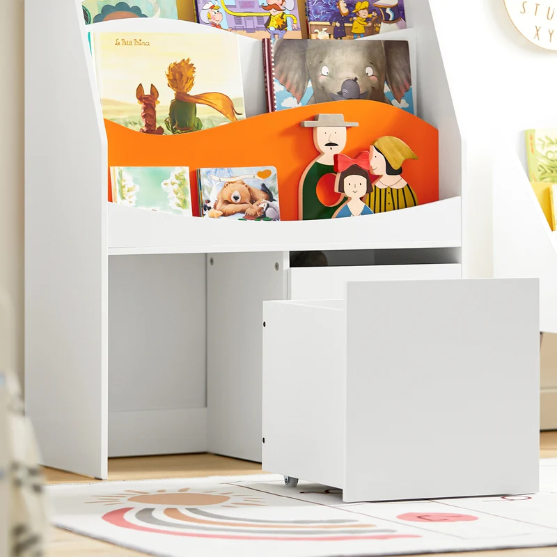 SoBuy KMB65-W Bibliothèque Enfant Étagère à Livres Étagère à Jouets Porte-revues à 4 Niveaux avec 2 Boîtes de Rangement