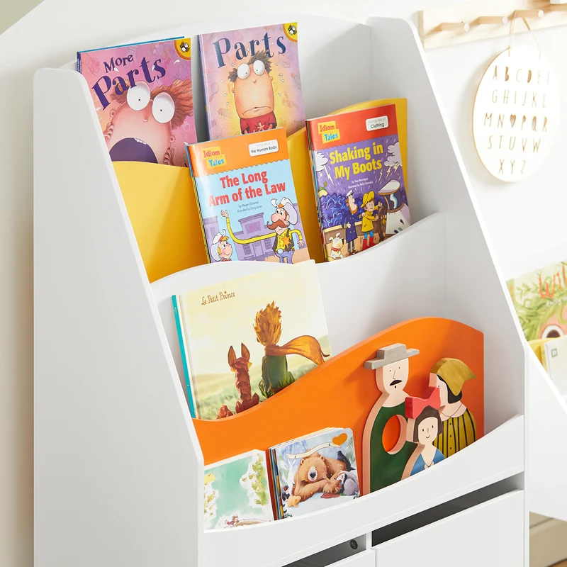 SoBuy KMB65-W Bibliothèque Enfant Étagère à Livres Étagère à Jouets Porte-revues à 4 Niveaux avec 2 Boîtes de Rangement