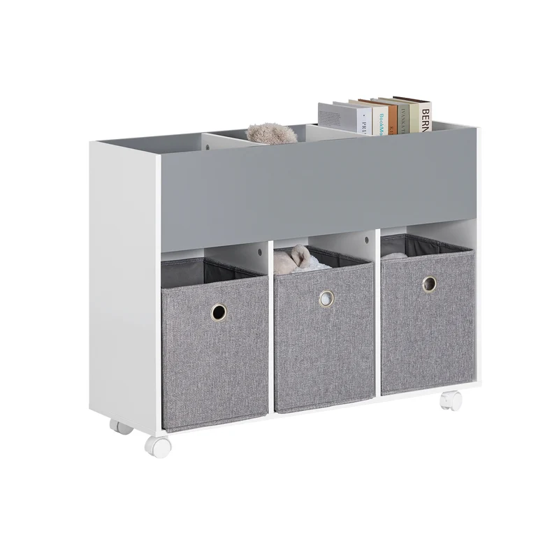 SoBuy KMB61-HG Étagère pour Enfants avec 3 Compartiments et 3 Boîtes en Tissu Amovible, Étagère pour Chambre d'enfant avec roulettes