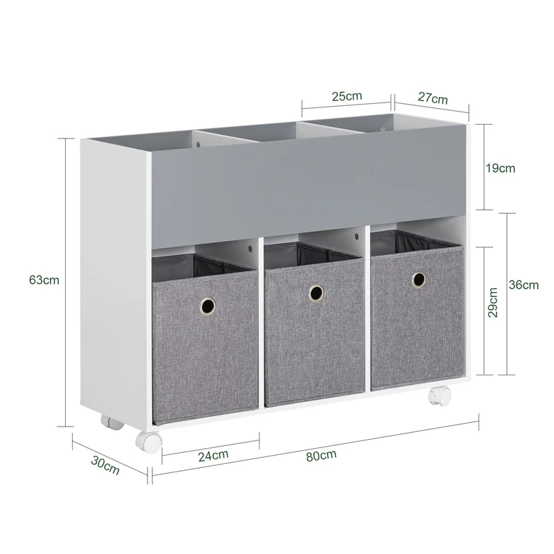 SoBuy KMB61-HG Étagère pour Enfants avec 3 Compartiments et 3 Boîtes en Tissu Amovible, Étagère pour Chambre d'enfant avec roulettes