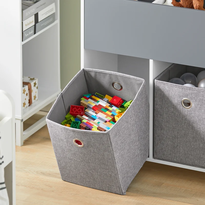 SoBuy KMB61-HG Étagère pour Enfants avec 3 Compartiments et 3 Boîtes en Tissu Amovible, Étagère pour Chambre d'enfant avec roulettes