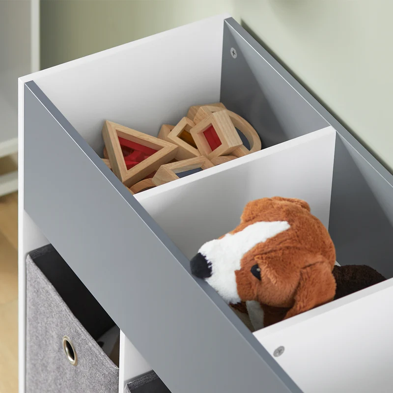 SoBuy KMB61-HG Étagère pour Enfants avec 3 Compartiments et 3 Boîtes en Tissu Amovible, Étagère pour Chambre d'enfant avec roulettes
