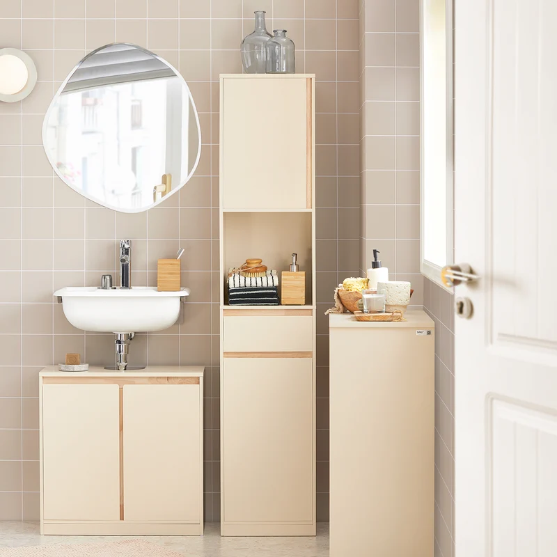 SoBuy BZR80-MI Meuble Colonne de Salle de Bain, Armoire Haute, Placard de Rangement avec 1 Compartiment Ouvert, 1 Tiroir et 2 Portes