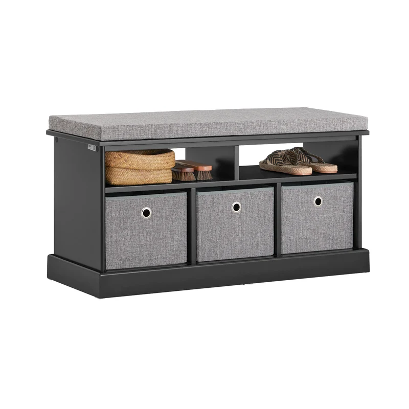 SoBuy FSR67-SCH Banc de Rangement avec Coussin Rembourré, 2 Compartiments et 3 Paniers