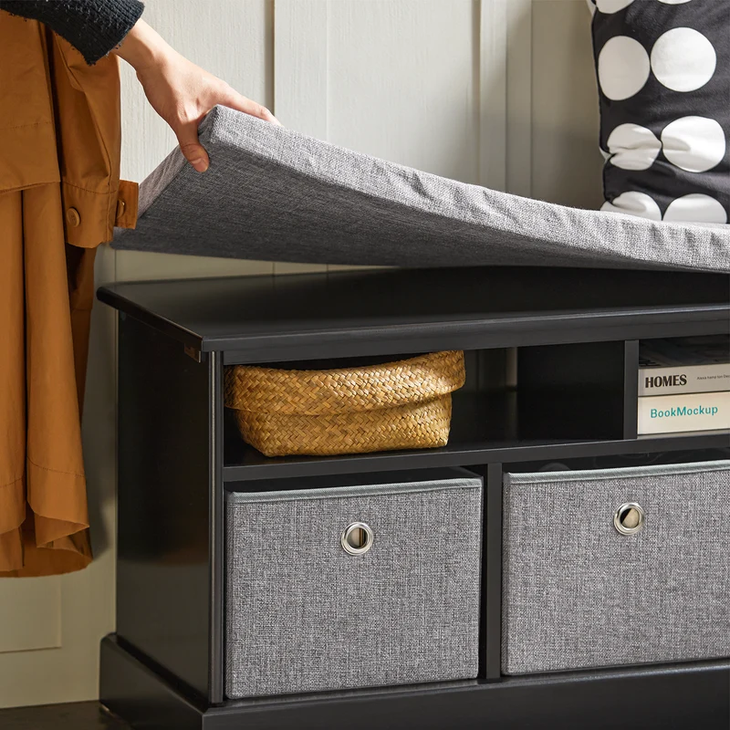 SoBuy FSR67-SCH Banc de Rangement avec Coussin Rembourré, 2 Compartiments et 3 Paniers