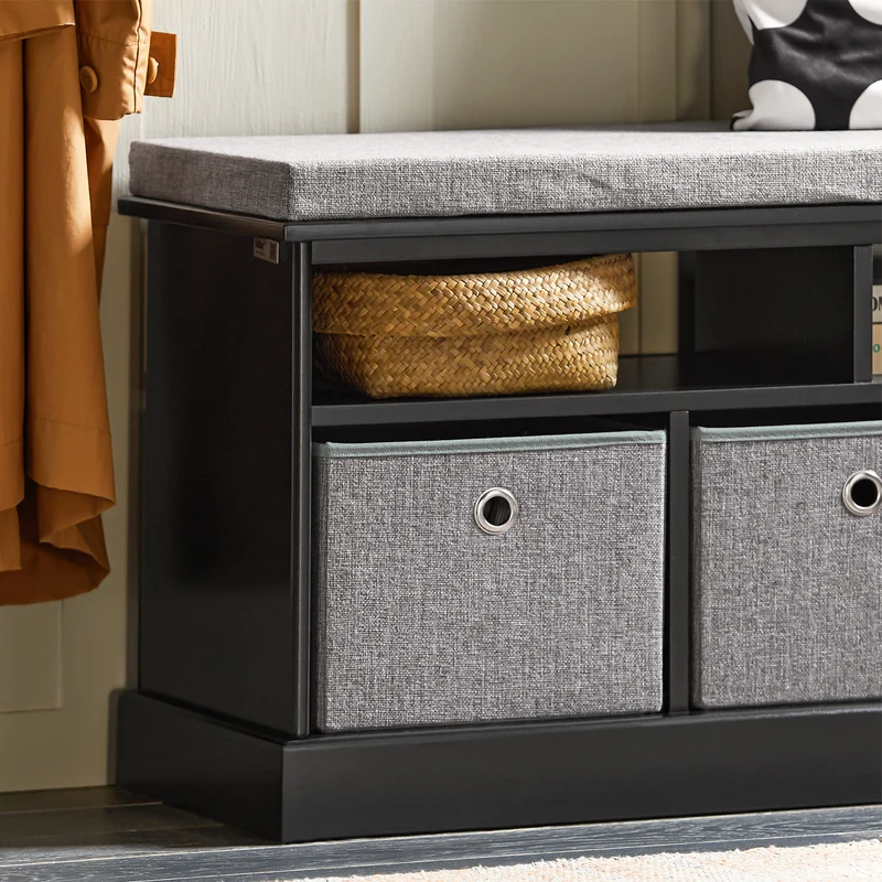 SoBuy FSR67-SCH Banc de Rangement avec Coussin Rembourré, 2 Compartiments et 3 Paniers