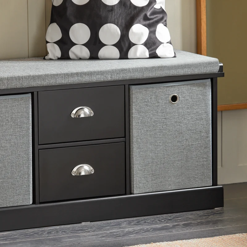 SoBuy FSR66-SCH Banc de Rangement avec Coussin Rembourré, 2 Tiroirs et 2 Paniers Meuble Bas Entrée Commode à Chaussure Banquette