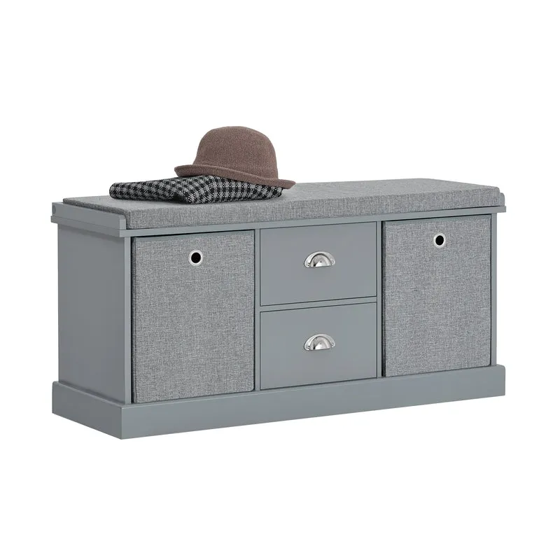 SoBuy FSR66-DG Banc de Rangement avec Coussin Rembourré, 2 Tiroirs et 2 Paniers Meuble Bas Entrée Commode à Chaussure Banquette Confortable