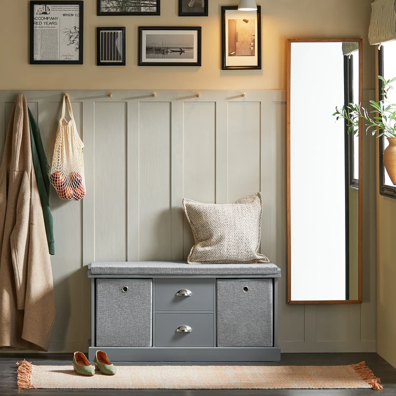 SoBuy FSR66-DG Banc de Rangement avec Coussin Rembourré, 2 Tiroirs et 2 Paniers Meuble Bas Entrée Commode à Chaussure Banquette Confortable