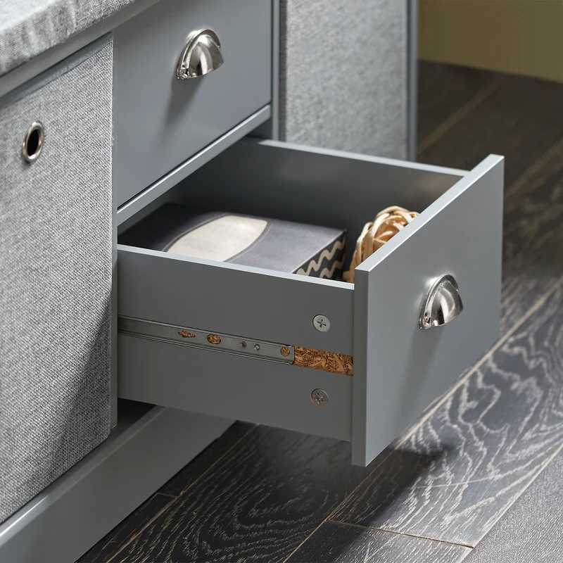 SoBuy FSR66-DG Banc de Rangement avec Coussin Rembourré, 2 Tiroirs et 2 Paniers Meuble Bas Entrée Commode à Chaussure Banquette Confortable