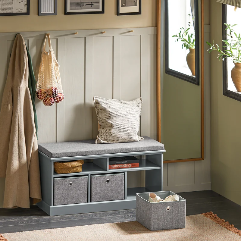 SoBuy FSR67-DG Banc de Rangement avec Coussin Rembourré, 2 Compartiments et 3 Paniers Meuble Bas Entrée